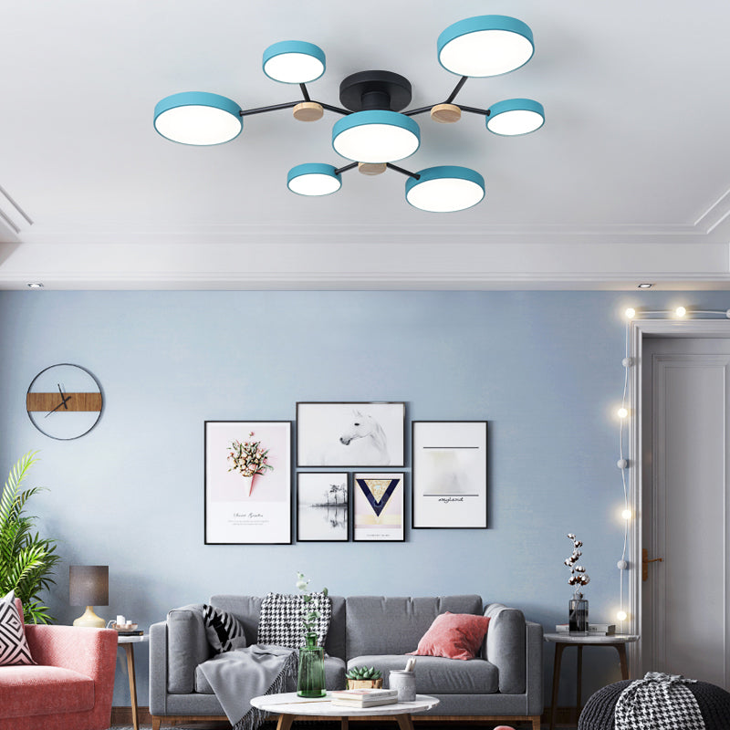 Modern Round Ceiling Light Colorful Multi Light Flush Mount Light with Wood for Bedroom