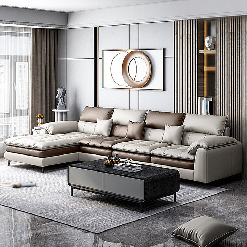 Faux leather Sectional Pillow Top Arm Beige Sectional for Living Room