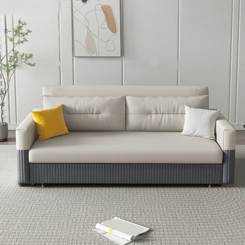 Grey and White Convertible Leather Sofa Square Arm Sofa Bed with Wooden Frame