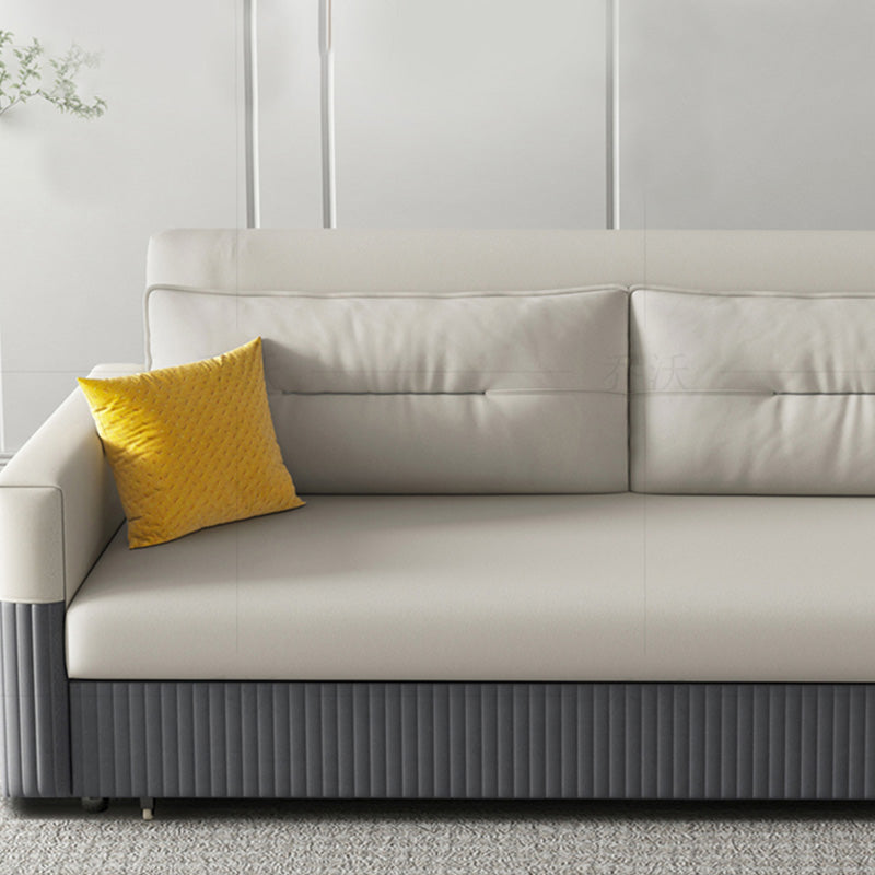 Grey and White Convertible Leather Sofa Square Arm Sofa Bed with Wooden Frame