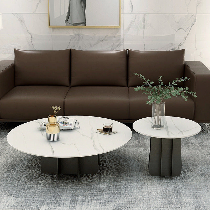 Modern Black and White Pedestal Coffee Table Round Slate and Metal Table