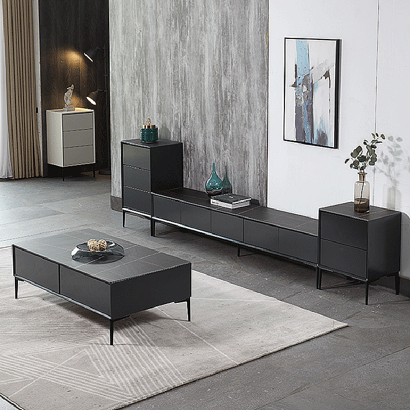 Modern Style Black Coffee Table Made of Round Rock Slab Wood