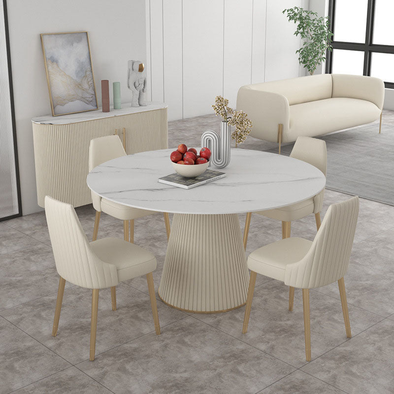 Sintered Stone Top Round Dining Table Modern White Metal Pedestal Table