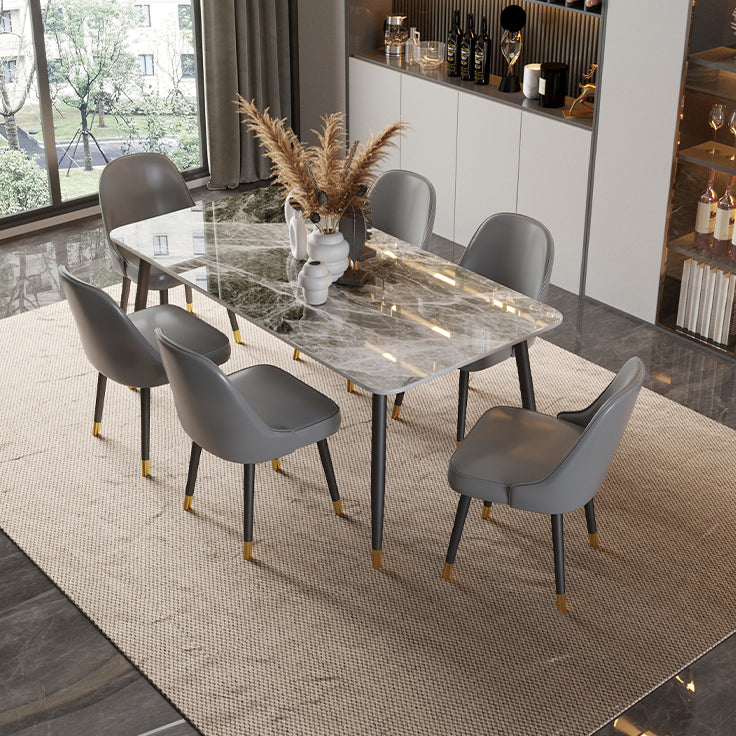 Contemporary Rectangle Stone Table for Restaurant Black Metal Pedestal Dining Table