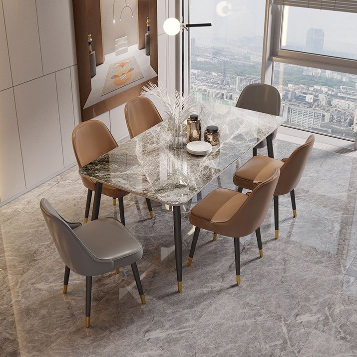 Contemporary Rectangle Stone Table for Restaurant Black Metal Pedestal Dining Table