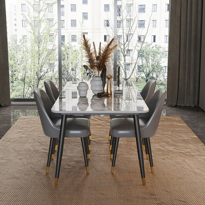 Contemporary Rectangle Stone Table for Restaurant Black Metal Pedestal Dining Table