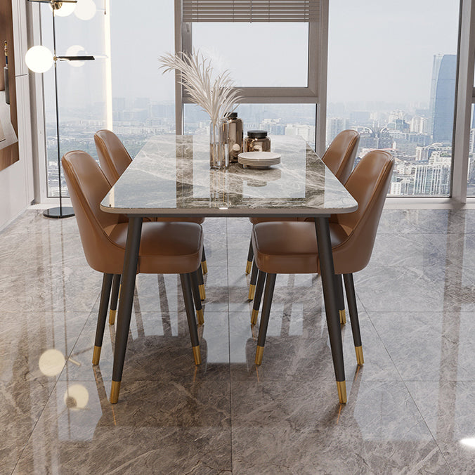 Contemporary Rectangle Stone Table for Restaurant Black Metal Pedestal Dining Table