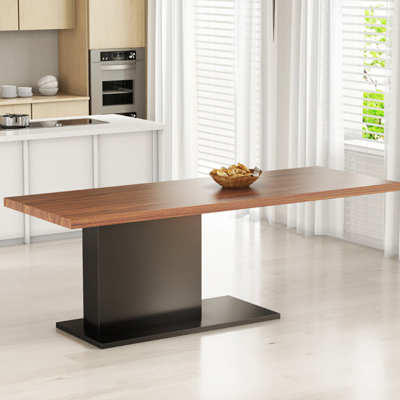 Brown Walnut Top Dining Table Modern Rectangle Black Metal Pedestal Table