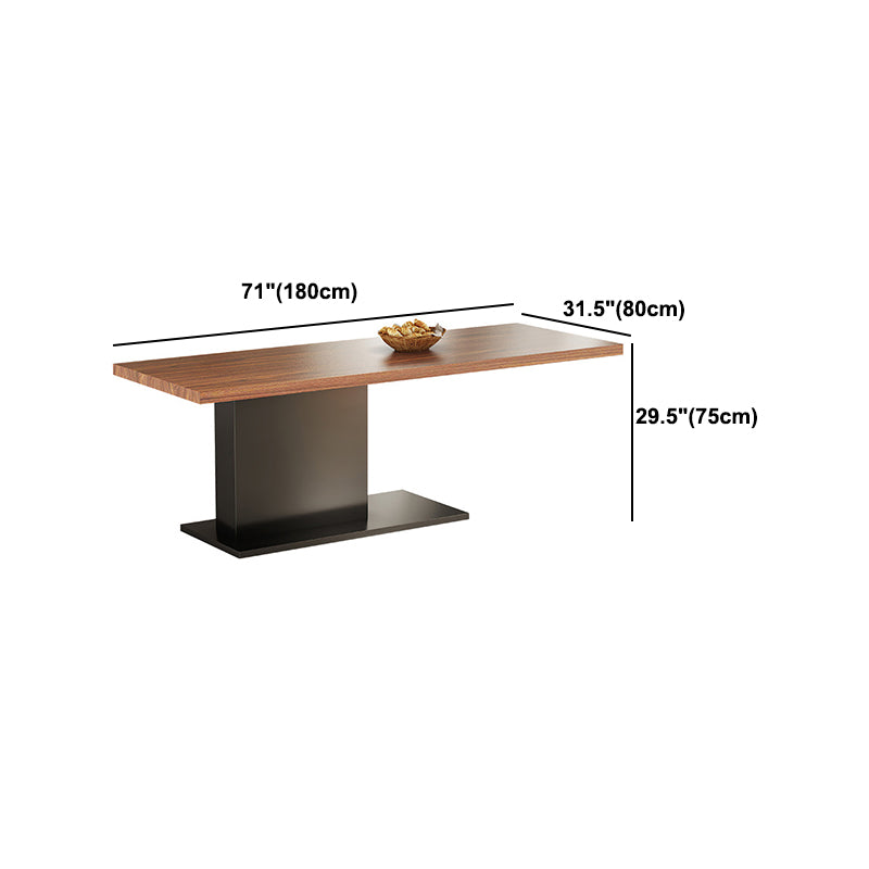 Brown Walnut Top Dining Table Modern Rectangle Black Metal Pedestal Table
