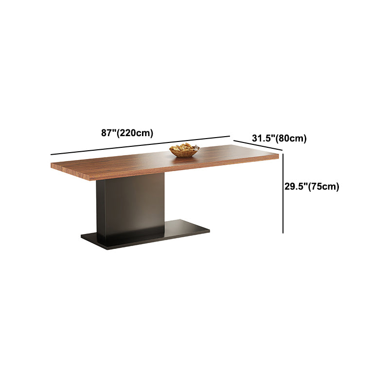 Brown Walnut Top Dining Table Modern Rectangle Black Metal Pedestal Table