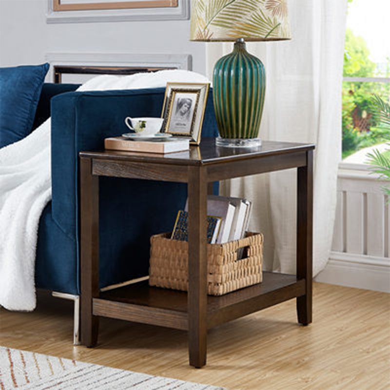 Farmhouse Ash Double Tier End Table, Brown Side Table with Shelf