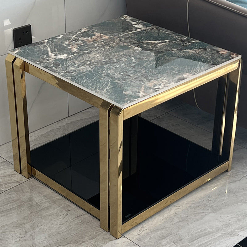Stone Top End Table with Shelves Glam Frame Sofa Side Table for Living Room