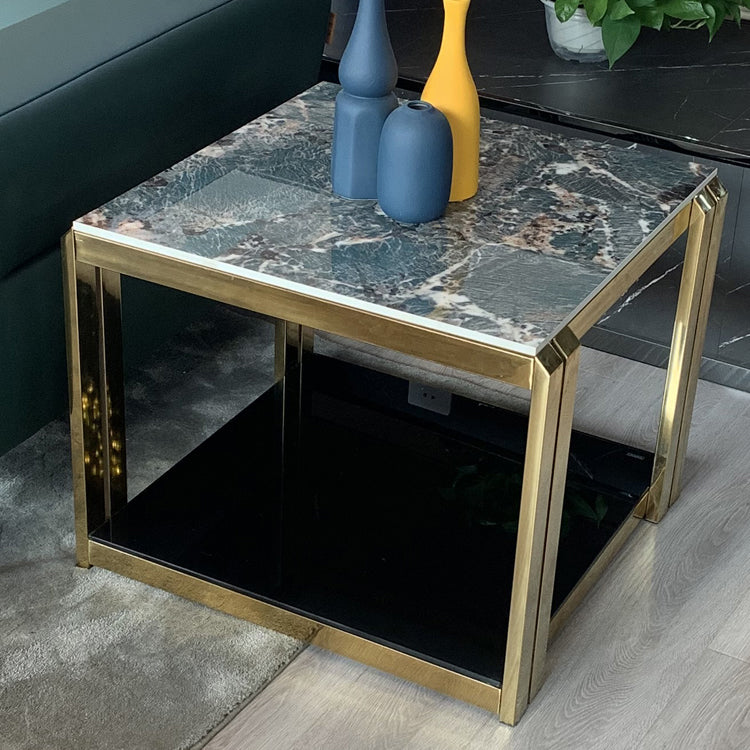 Stone Top End Table with Shelves Glam Frame Sofa Side Table for Living Room