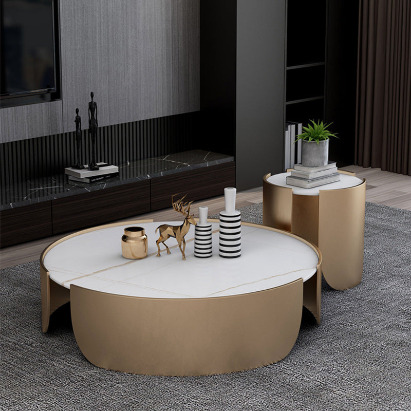 Modern Style White/black Rock Slab Top Round Metal Craft Coffee Table