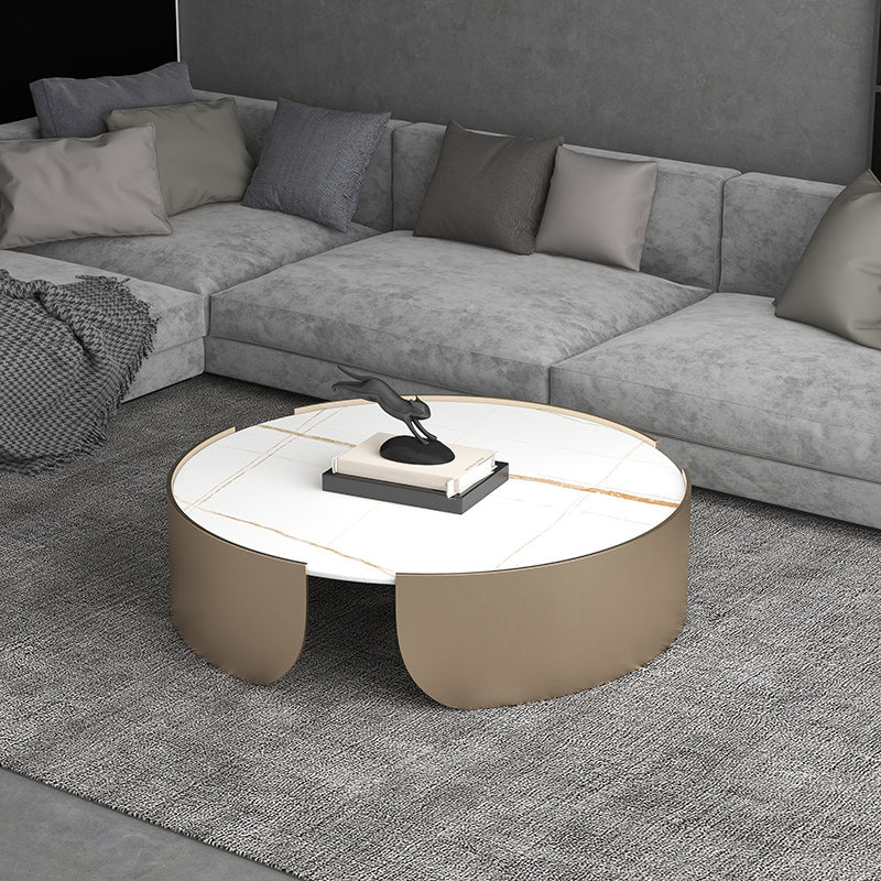 Modern Style White/black Rock Slab Top Round Metal Craft Coffee Table