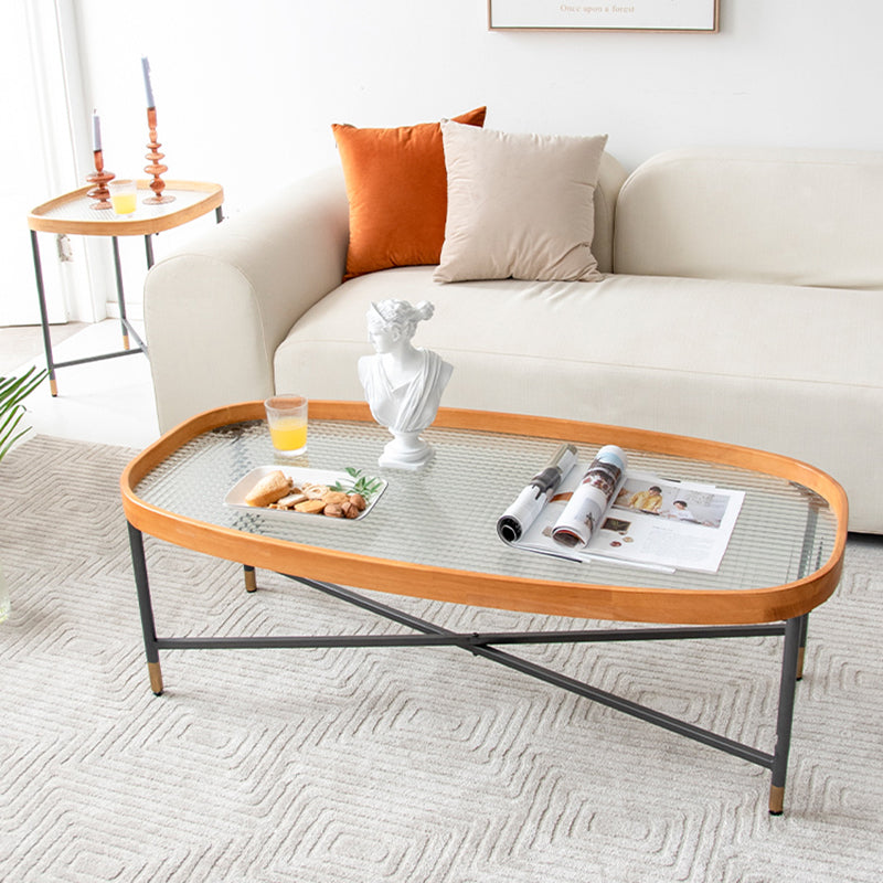 Geometric Clear Glass Coffee Table with Wood Edge 1 Single Cocktail Table