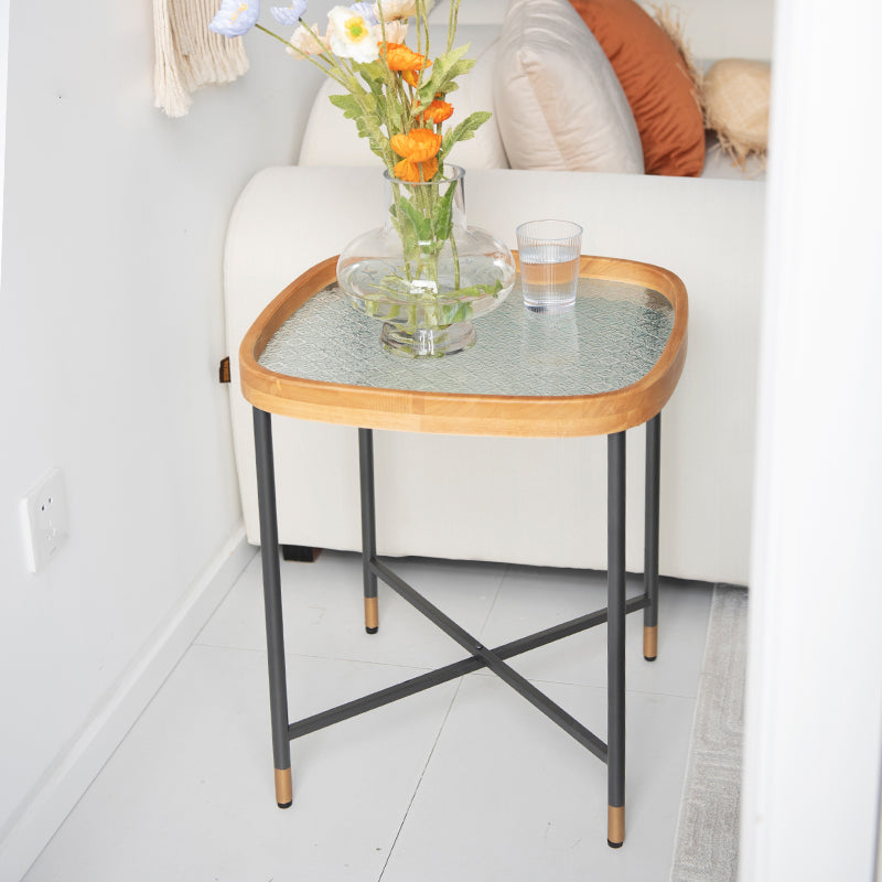 Geometric Clear Glass Coffee Table with Wood Edge 1 Single Cocktail Table