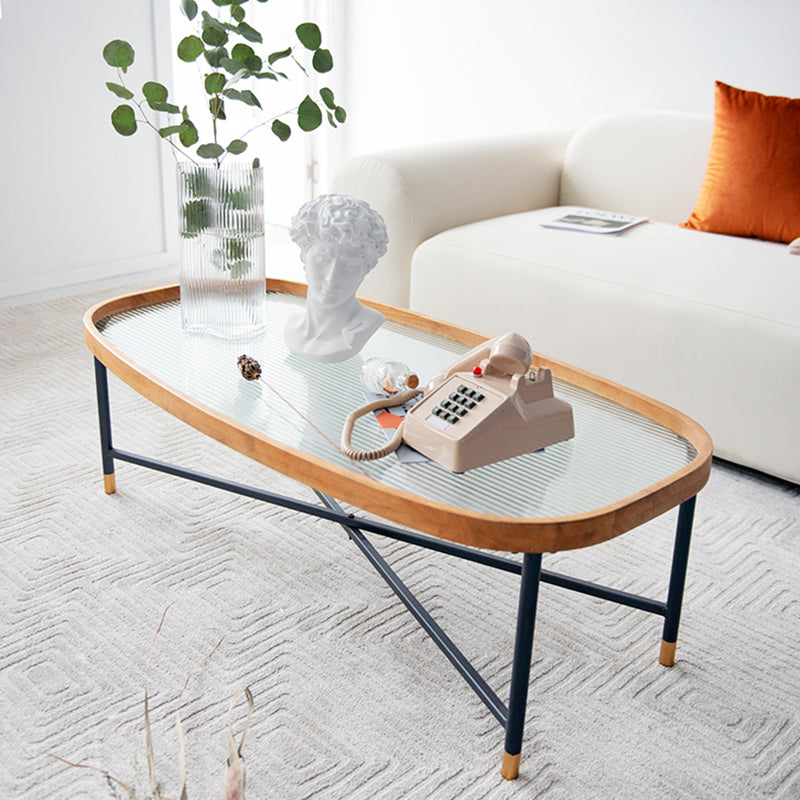 Geometric Clear Glass Coffee Table with Wood Edge 1 Single Cocktail Table