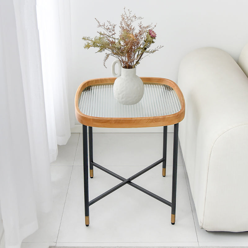 Geometric Clear Glass Coffee Table with Wood Edge 1 Single Cocktail Table