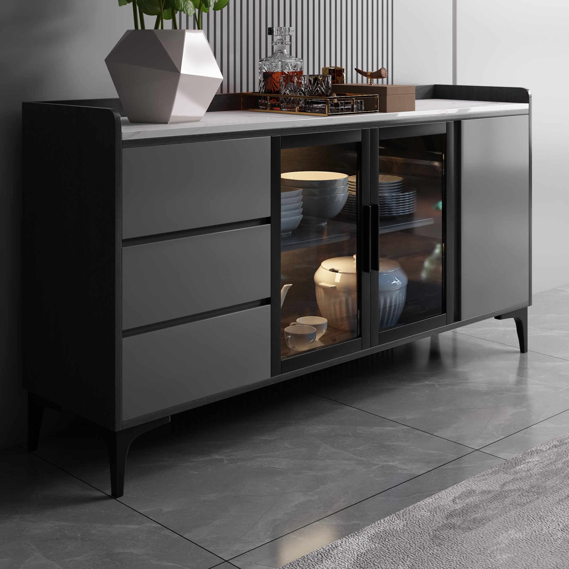 33.46"H Sideboard Modern Style Dining Server with 3 Drawers for Kitchen and Dining Room
