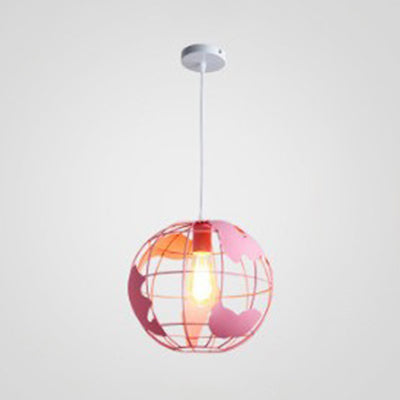 8"/12" Wide Globe Cage Metal Pendant Light Industrial 1 Light Living Room Hanging Lamp in Black/White/Pink