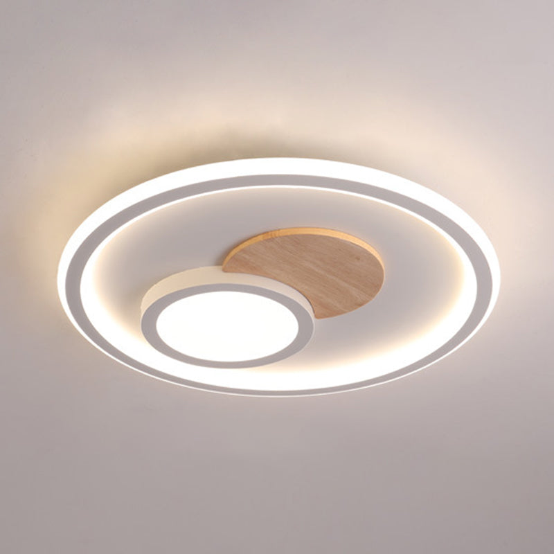 White Round Flush Light Modern Wood LED Ceiling Light Fixture for Bedroom