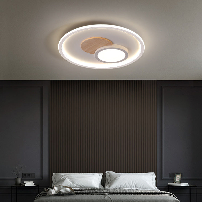 White Round Flush Light Modern Wood LED Ceiling Light Fixture for Bedroom