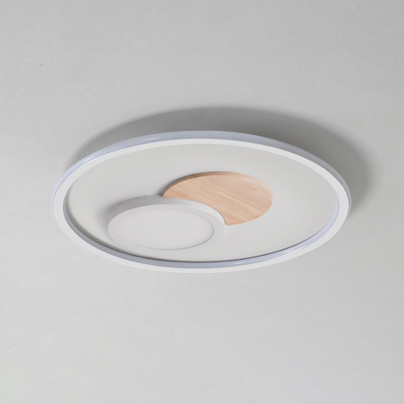 White Round Flush Light Modern Wood LED Ceiling Light Fixture for Bedroom