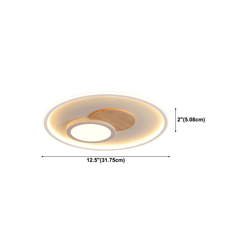 White Round Flush Light Modern Wood LED Ceiling Light Fixture for Bedroom