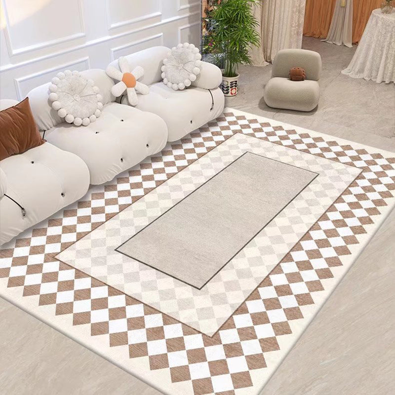 Brown Plaid Rug Polyester Simple Rug Non-Slip Backing Rug for Living Room