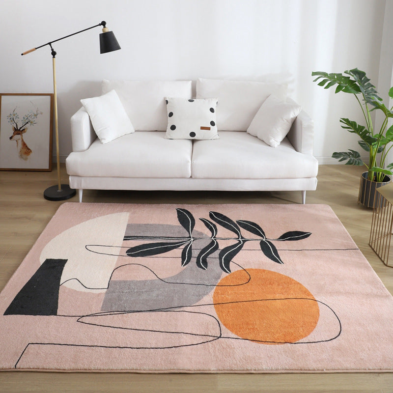 Pink Nordic Rug Polyester Irregular Color Block Rug Washable Rug for Living Room
