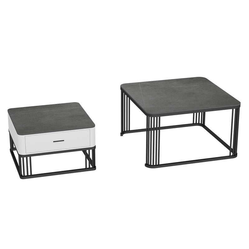 Square Black Stone Coffee Table Frame 2 Nestling Cocktail Table with Storage