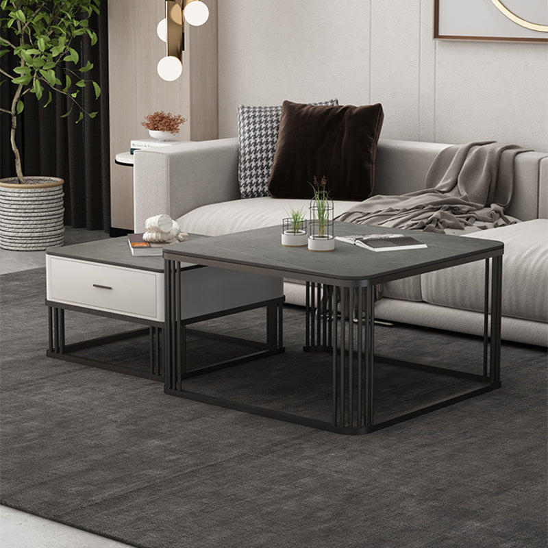 Square Black Stone Coffee Table Frame 2 Nestling Cocktail Table with Storage