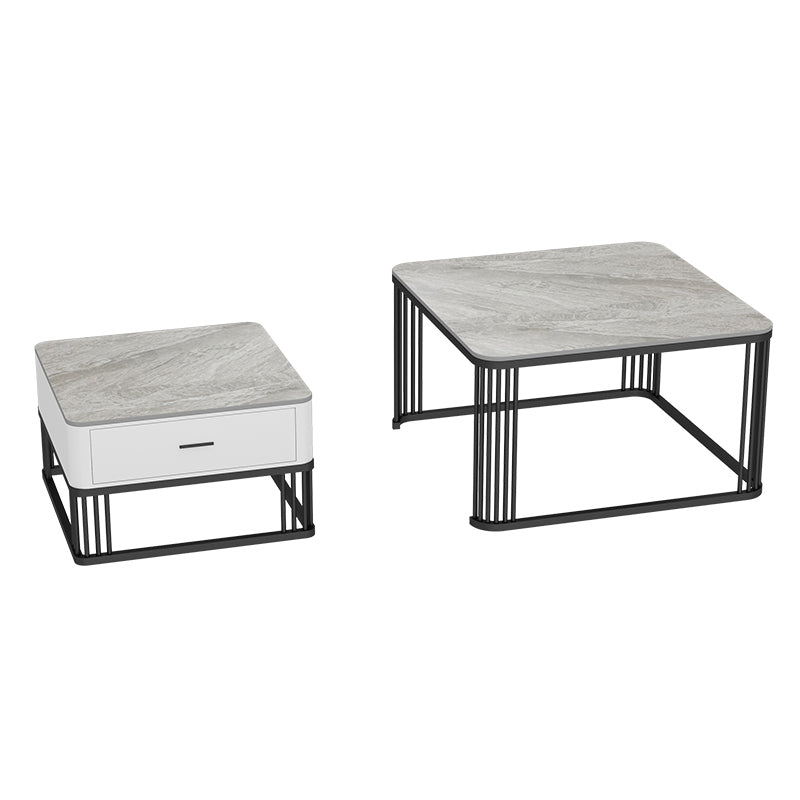 Square Black Stone Coffee Table Frame 2 Nestling Cocktail Table with Storage
