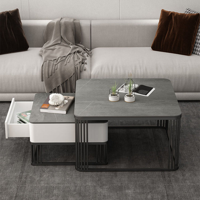 Square Black Stone Coffee Table Frame 2 Nestling Cocktail Table with Storage