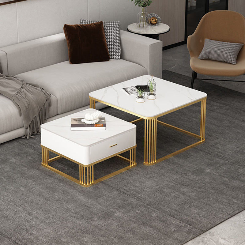 Square Black Stone Coffee Table Frame 2 Nestling Cocktail Table with Storage