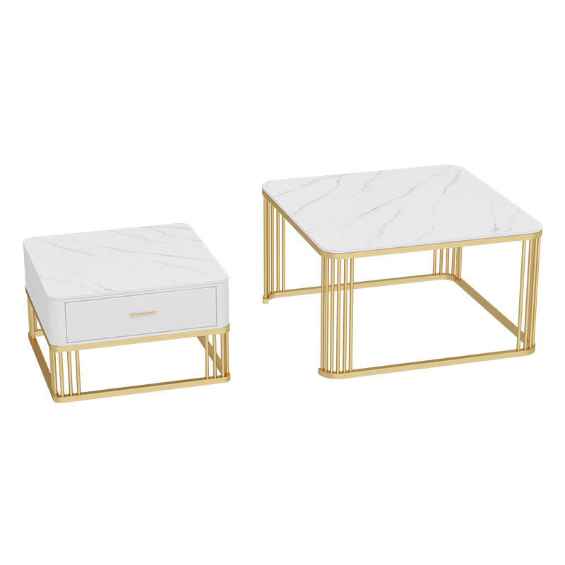 Square Black Stone Coffee Table Frame 2 Nestling Cocktail Table with Storage