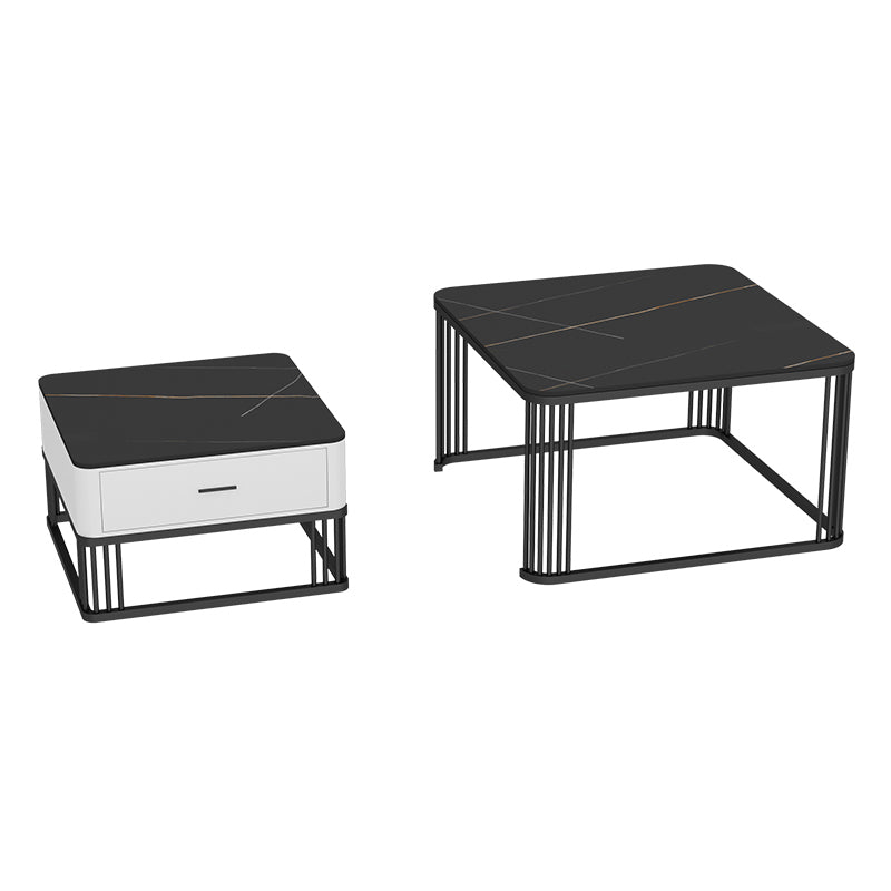 Square Black Stone Coffee Table Frame 2 Nestling Cocktail Table with Storage