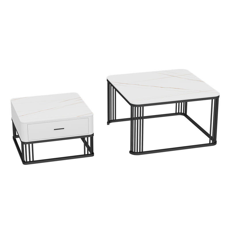 Square Black Stone Coffee Table Frame 2 Nestling Cocktail Table with Storage