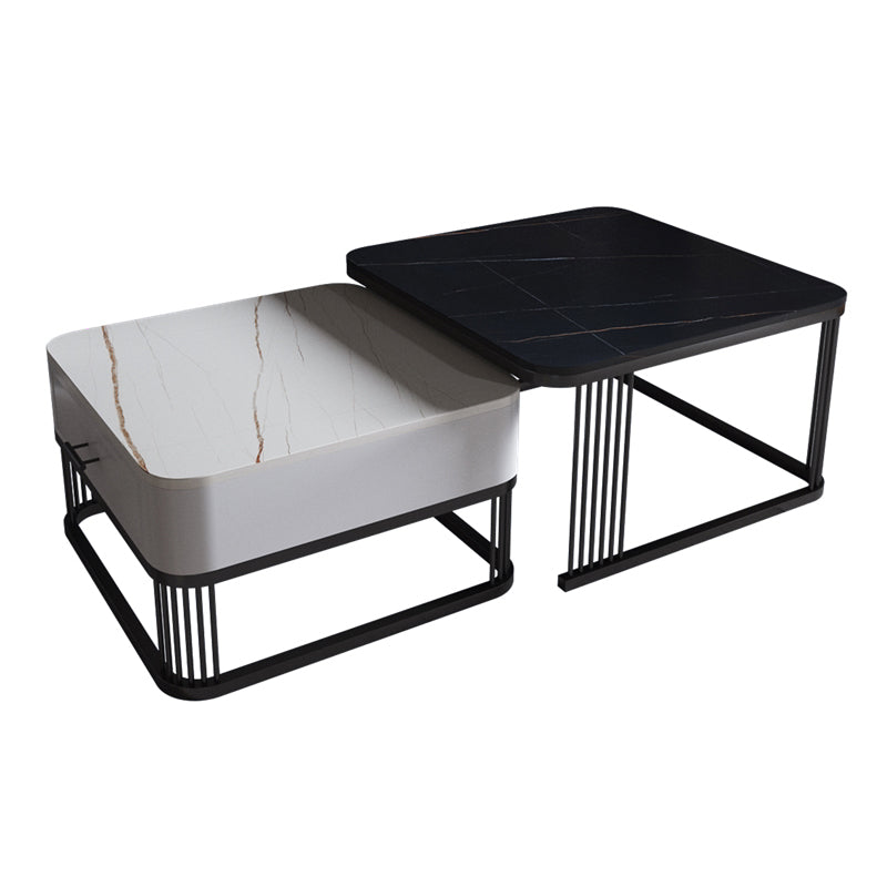 Square Black Stone Coffee Table Frame 2 Nestling Cocktail Table with Storage