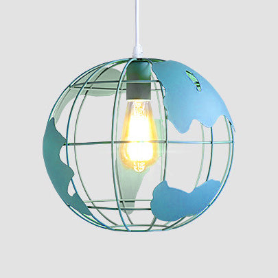 8"/12" Wide Globe Cage Metal Pendant Light Industrial 1 Light Living Room Hanging Lamp in Black/White/Pink