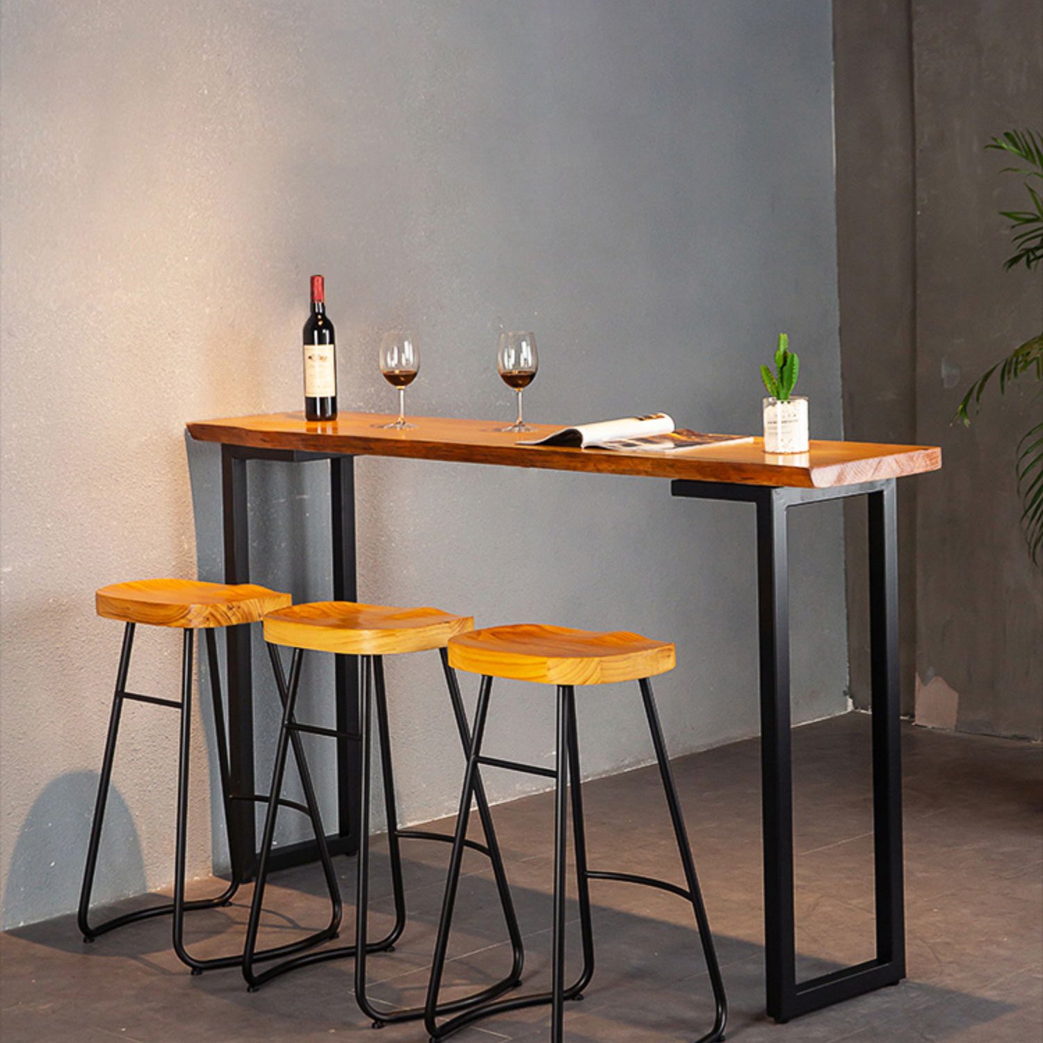 Industrial Rectangle Solid Wood Bar Table Set 1/4 Pieces Counter Table with High Stools