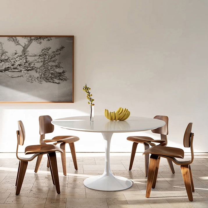 Contemporary Dining Table with White Pedestal Round Stone Top Dining Table