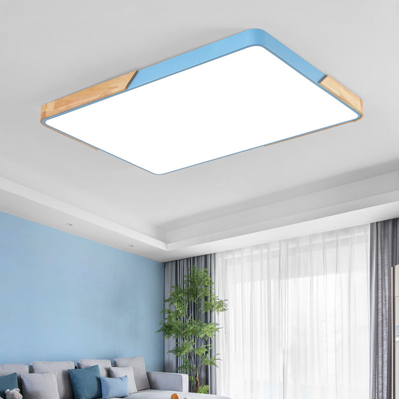 Nordic Rectangle Ceiling Light Colorful Metal LED Flush Mount Light with Wood for Bedroom