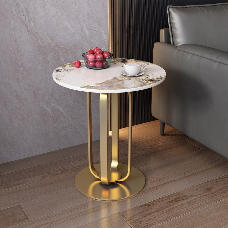21.65-inch Tall Round Side Glam Metal Frame Stone Top Sofa Side End Table