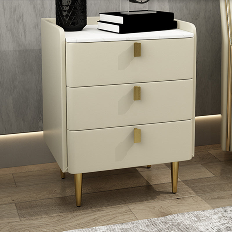 Faux Leather Nightstand Modern 3 - Drawer Nightstand with Stone Top