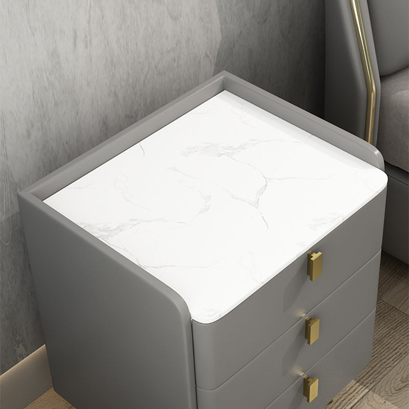 Faux Leather Nightstand Modern 3 - Drawer Nightstand with Stone Top