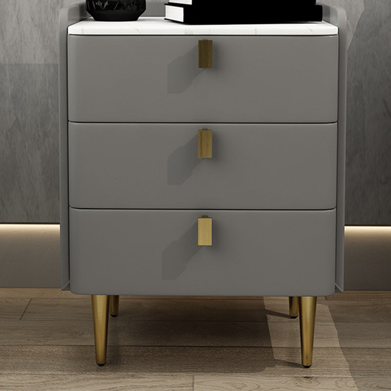 Faux Leather Nightstand Modern 3 - Drawer Nightstand with Stone Top