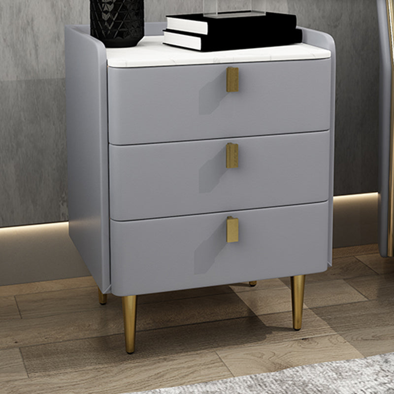 Faux Leather Nightstand Modern 3 - Drawer Nightstand with Stone Top