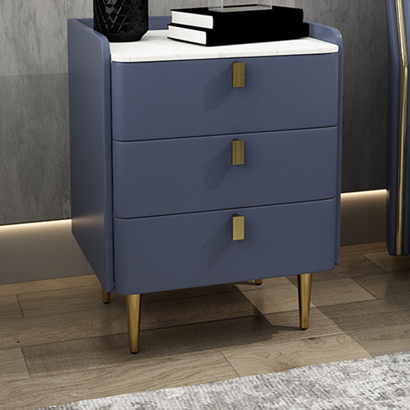 Faux Leather Nightstand Modern 3 - Drawer Nightstand with Stone Top